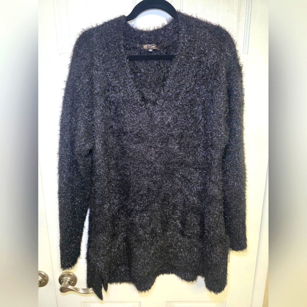 DG2 by Diane Gilman Metallic Fuzzy V-Neck Sweater- Women's Size XL Black